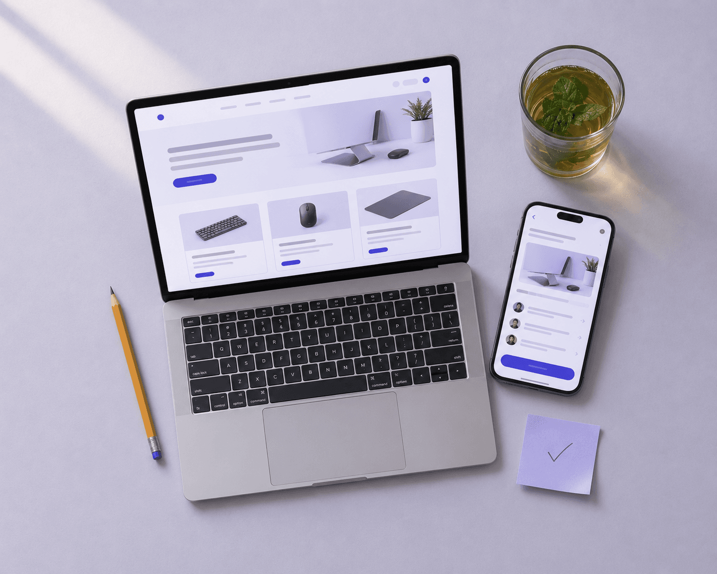 Le même bureau, rangé : un ordinateur portable affiche le site terminé et un téléphone l'application mobile assortie